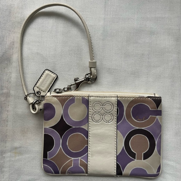 Coach Handbags - Coach Purple and Cream Leather and Silk Patterned Wristlet